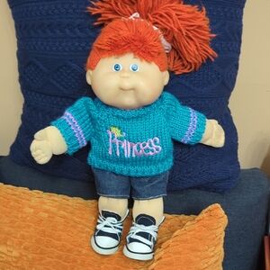 Cabbage Patch Kids Baby Girl Princess Knit Sweater with Red Hair & Blue Eyes